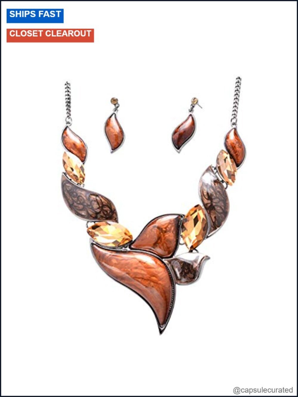 Vintage Crystal Floral Petal Leaf Chunky Statement Necklace and Earrings Set